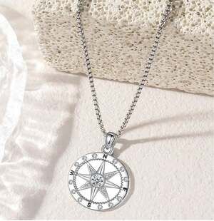 Silver Plated Compass Pendant Necklace CZ Adjustable 18-20 Inch. New